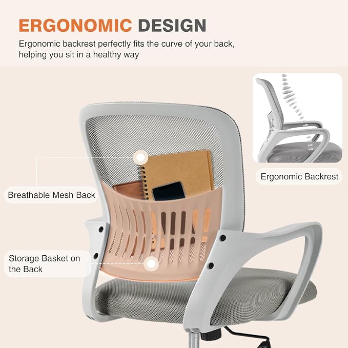 Sweetcrispy Home Office Managerial Executive Chair, Ergonomic Mesh Adjustable Swivel Mid-Back Computer Desk Chair with Comfortable Lumbar Support, Comfy Arms for Bedroom,Study