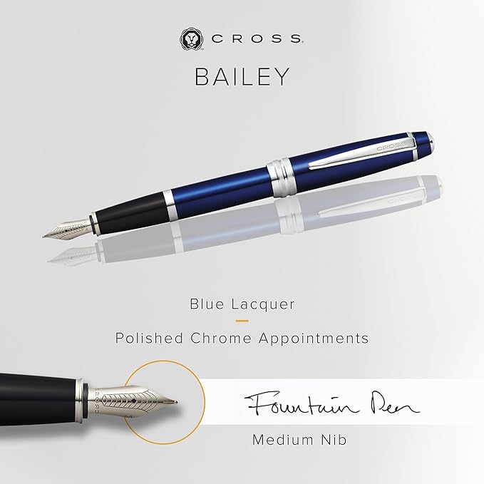 Cross Bailey Blue Lacquer Stainless Steel Medium Nib Fountain Pen - Professional Fountain Pen for Effortless Writing - Refillable - Black Ink - Gift-Ready