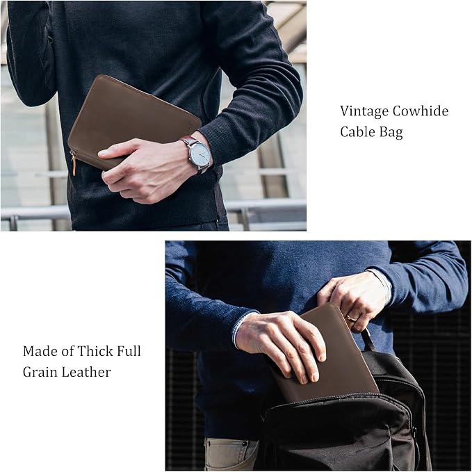 Polare Full Grain Leather Travel Cable Organizer Case Double Layer Electronics Accessories Carry Bag with YKK Zippers Tech Storage Bag for Cables, Power Bank, USB, SD Card