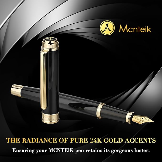 MCNTEIK 317 Fountain Pen,Stunning Luxury Black Piano Lacquer,18K Gilded Nib(Fine),Gorgeous 24K Gold Finish, Ink Converter,Fancy Gift for Men&Women-Elegant,Executive,Office,Nice Pens for Writing