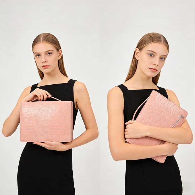 Croc-Pattern Leather Portfolio for Women with Handle, 11-13 inch iPad Holder Padfolio, Aesthetic Office Professional Organizer, Zippered Resume Binder for Interviews & Graduation Gift, Pink