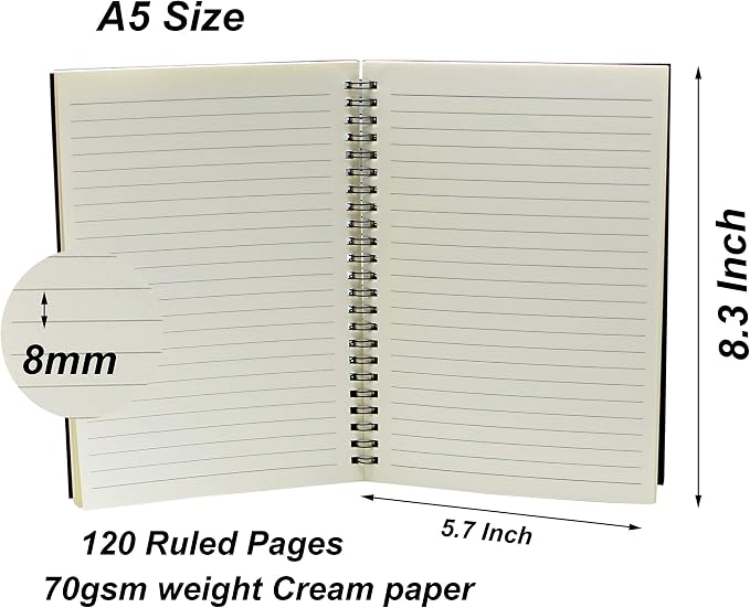Yansanido Spiral Notebook, 4 Pcs A5 Brown Craft Softcover 8mm Ruled 60 Sheets -120 Pages Journals for Study and Notes (4PCS Brown Lined)