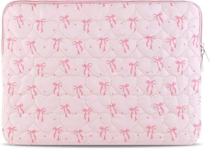 Cute Bow Puffy Laptop Sleeve 13-15 Inch Cute Quilted Laptop Protective Case Padded Bow Computer Sleeve for MacBook