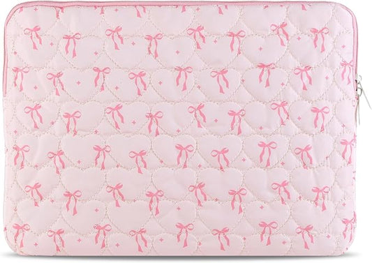 Cute Bow Puffy Laptop Sleeve 13-15 Inch Cute Quilted Laptop Protective Case Padded Bow Computer Sleeve for MacBook