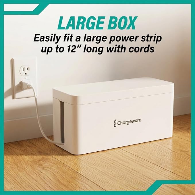 Cable Management Box, Extension Cord Hider, Power Strip Box, White, 2 Pack | Wire Organizers for Cords, Floor Cable Concealer, Heat Resistant, Vented, Cord Hider Box, Power Strip Cover Box