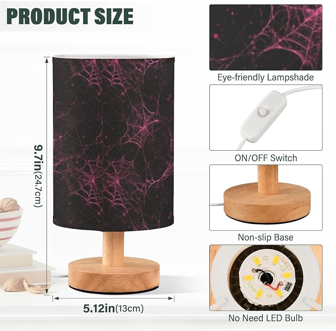 Dussdil Halloween Pink Red Cobweb Table Lamp Bedroom Bedside Night Reading Desk Lamps Cylinder Nightstand Sleeping Light Lamp for Kids Living Room Office Decor