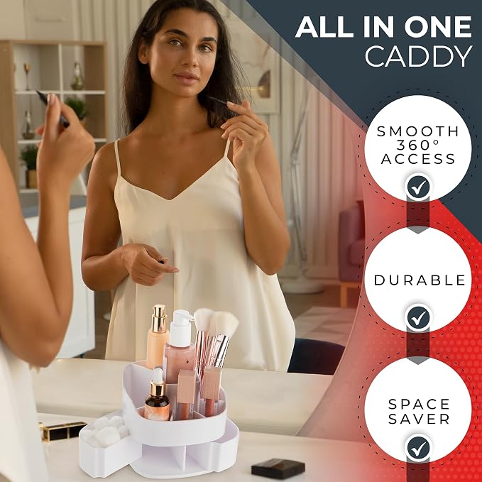Masirs Small 360 Rotating Makeup Organizer, 5 Compartments, Square White | Small 360 Rotating Makeup Organizer, 5 Compartments, Acrylic Mini Lazy Susan, Vanity Bathroom Counter, Square White