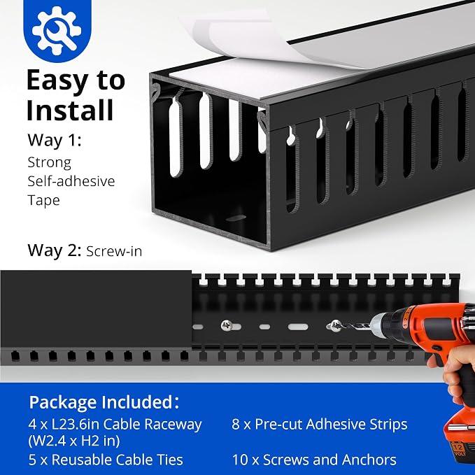 ZhiYo 2"H x 2.4"W Cable Management Raceway, 95in Under Desk Channel, Black | Slotted Wire Duct, 4Pack, 23.6in Each, Heavy-Duty PVC Cable Management for Server Racks, Network Cables & Electrical Cabinets