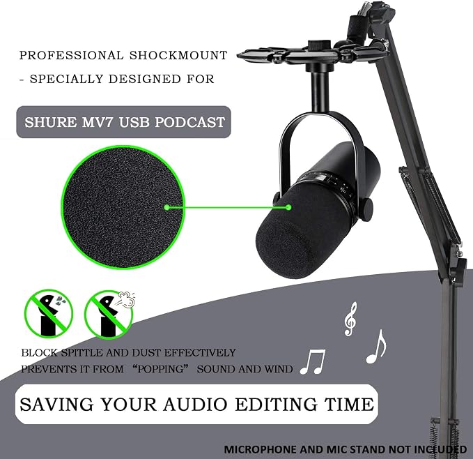 MV7 Shock Mount with Pop Filter, Alloy Shockmount with Foam Windscreen Matching Mic Boom Arm Stand Compatible with Shure MV7 Mic by YOUSHARES