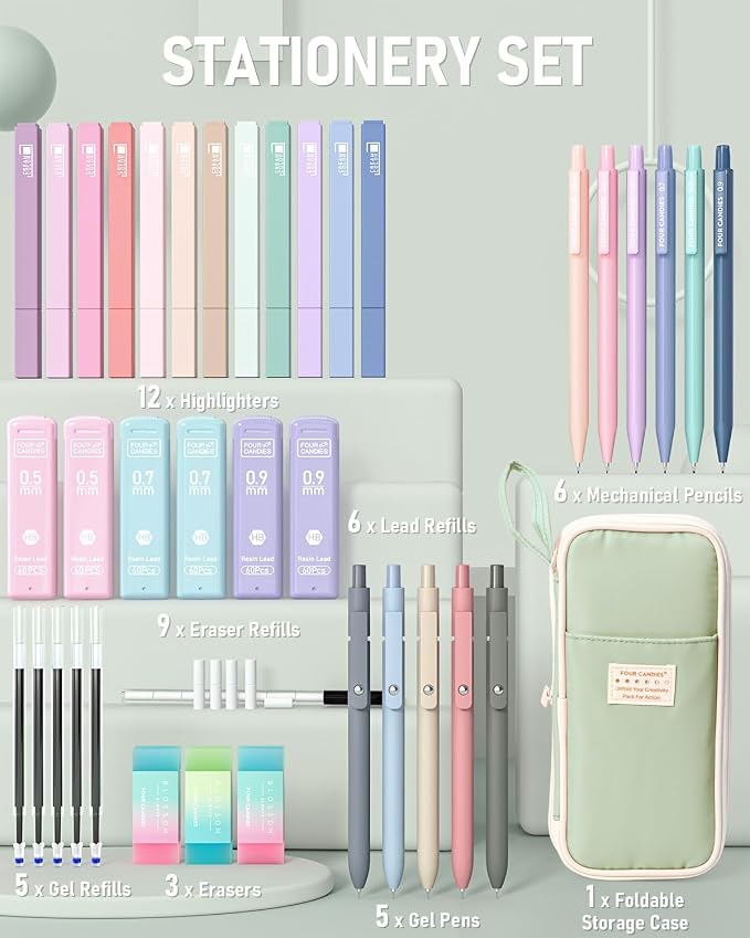 Four Candies 39PCS School Stationery Set, Pen Case with Supplies, Green | 12 Highlighters, 5 Gel Pens, 6 Mechanical Pencils, Cute Aesthetic, Back to School Supplies, College & Nursing Essentials