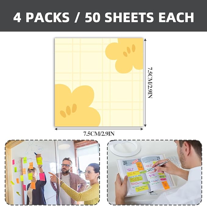 4-Pads 3x3 Sticky Notes, Aesthetic Memo Pads with High-Adhesive, Cute Self-Stick Notes, Reusable & Tearable for Journal Planners Office School Home, Plant Stationery Gift - Floral Notes