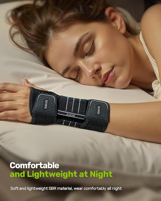 Rakiie Carpal Tunnel Wrist Brace, Ergonomic Night Support Brace with 3 Metal Splints for Arthritis & Tendonitis Relief, Breathable Hand Splint Stabilizer for Men Women (Right Hand, Gray, Medium)