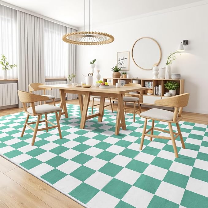 Terrug Green and White Checkered Rug for Bedroom,3x5 Area Rugs Washable with Non Slip for Living Room,Soft Low Pile Stain Resistance Retro Carpet for Dorm Kids Room
