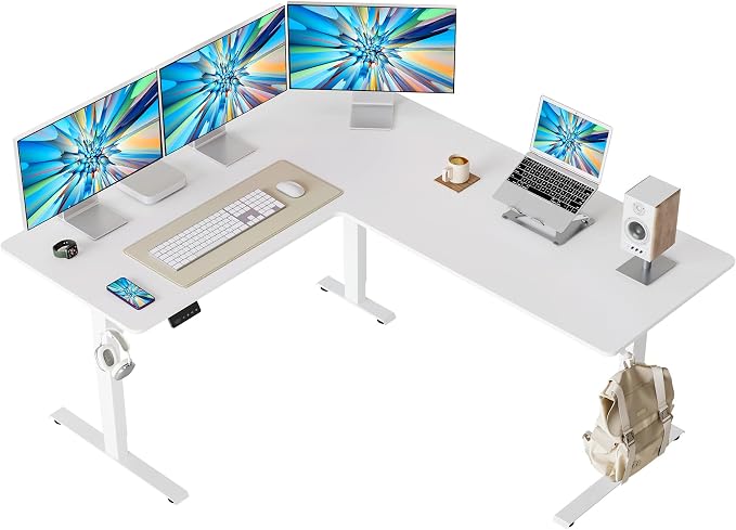 CubiCubi L Shaped Standing Desk 63 x 55 Inch Adjustable Height, Electric Corner Desk, Sit Stand Home Office Desk with Splice Board, White