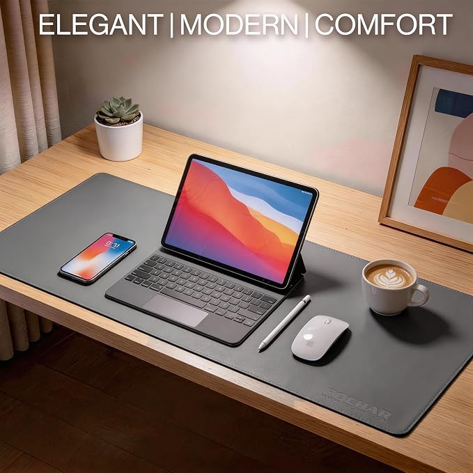 POCHAR Vegan Leather Desk Mat 31" x 16" - Desk Pad Protector for Desktop | Non-Slip PU Leather Dual-Sided Office Desk Blotter for Laptop Mouse Keyboard - Waterproof Writing Signing Pad, Gray