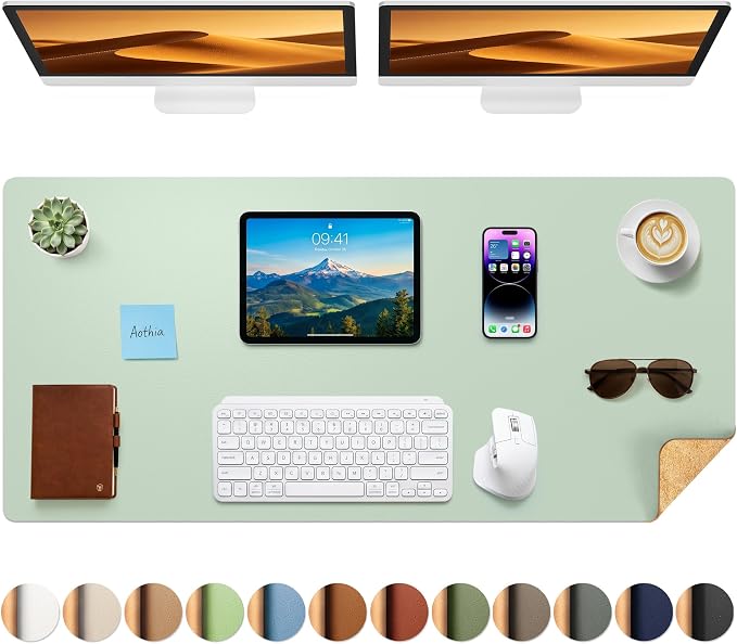 Aothia Cork Desk Mat - Dual-Sided Extra Large Desk Pad & Keyboard Mat, Long PU Leather Desk Protector, Waterproof Desktop Blotter (47" x 17", Aqua)