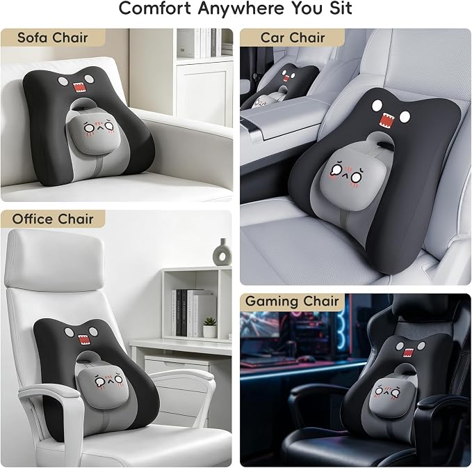 BEBAS Lumbar Support Pillow for Car & Office Chair - Ergonomic Back Support Cushion with Adjustable Memory Foam Bolster, Cute Cartoon Design, Lower Back Pain Relief for Driving & Desk Work - Black