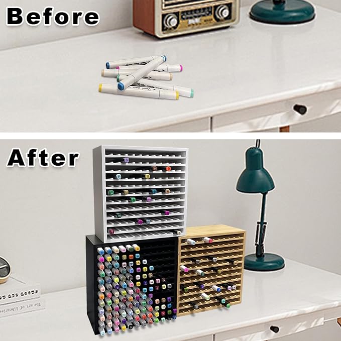 MinBoo Bamboo Art Supply Storage Rack - Wooden Marker Organizer for 144 Markers, Pens, Colored Pencils, Paint Brushes (White)