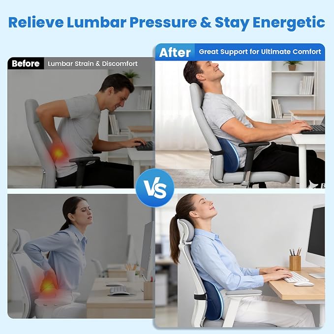 Lumbar Support Pillow for Office Chair, Memory Foam Lower Back Support, Ergonomic Lumbar Pillow with Adjustable Strap, Breathable Cover (Blue)