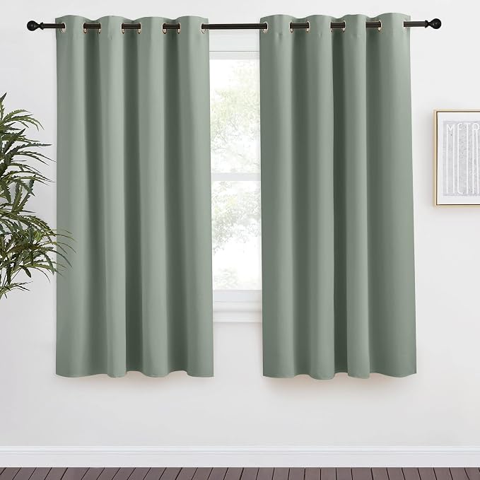 NICETOWN Blackout Curtain 57 inch Length, W55 x L57 Inch, Greyish Green, 8 Grommets Top, 1 Piece, Thermal Insulated Modern Window Treatment Soundproof Drape Panel for Bedroom/Living Room