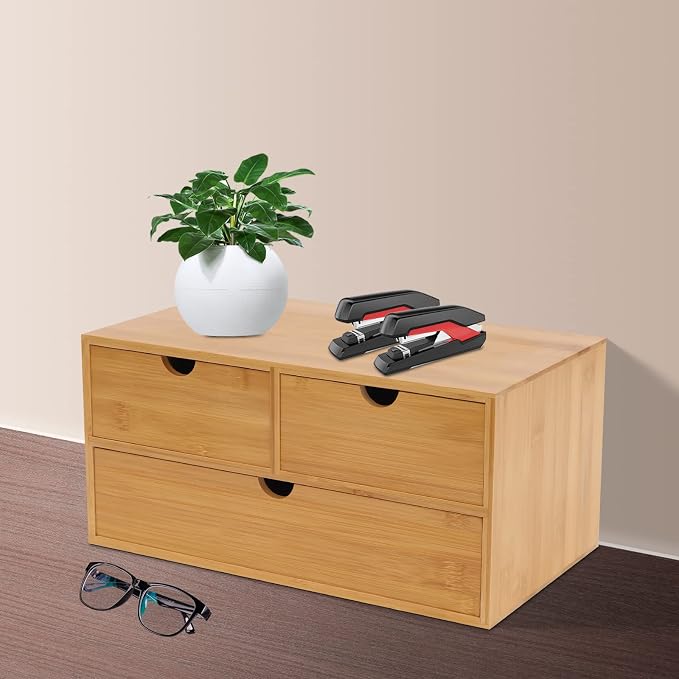 Desk Organizer, 12*7.48*7.87inch Bamboo Desk Organizer Tabletop Storage Organization Box Mini Tabletop Storage Box Countertop Drawers with Baffles for Cosmetics Collections (12.99*7.48*6.3inch)