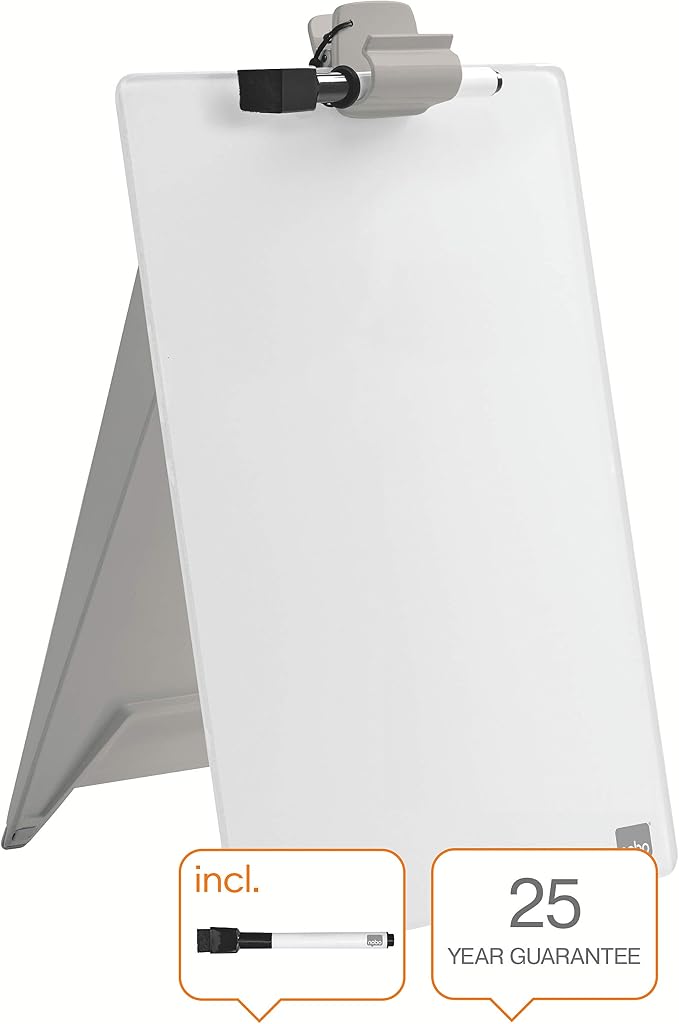 Nobo Glass Dry Wipe Personal Desktop Easel Whiteboard, 21.6 x 29.7 x 3 cm, Brilliant White, 1905173