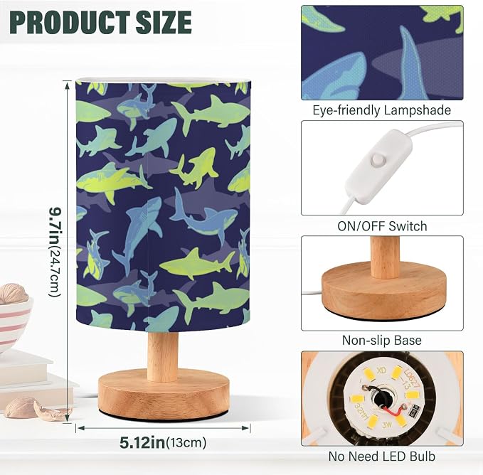 Table Lamp Shark Underwater Pattern Nightstand Lamp with Wood Base Fabric Lamp Shade Bedside Desk Lamp for Living Room Bedroom Kids Room Office