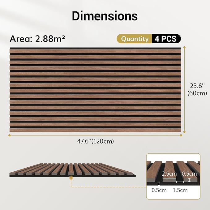 TONOR Wood Slatwall Panels, 4 Pack 47.2" x 23.6"/ 120 x60cm(31ft²) Acoustic Wall Panels, Wood Slat Acoustic Panels for Noise Cancelling and Home Decor, Living Room, Bedroom, Office, Walnut