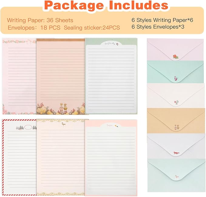 54 PCS Stationery Set with Envelopes,36 Writing Paper+18 Envelopes,Cute Lined Stationery Paper for Writing Letters Invitations Poem Office School Supplies