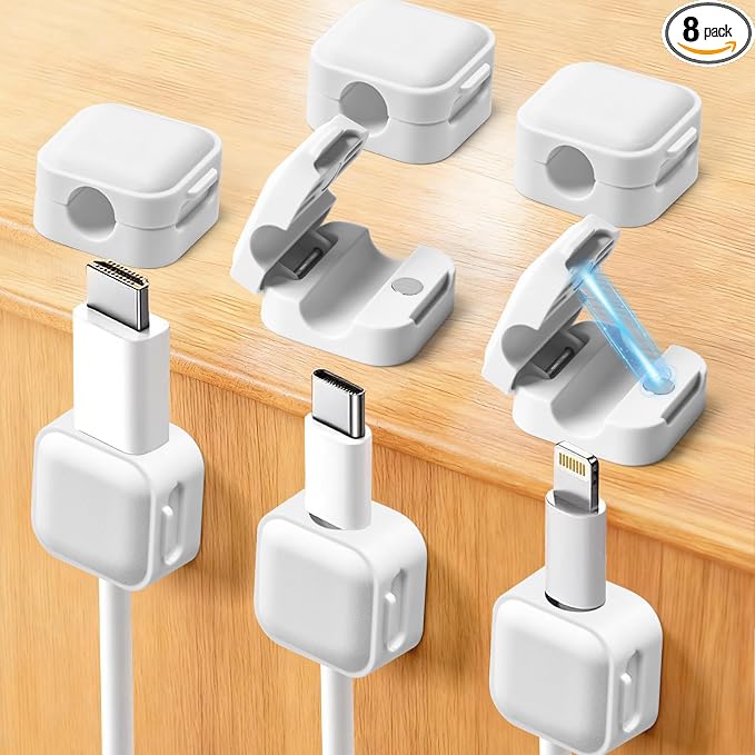 Art3d 8 Pack Magnetic Cable Clips, White Cable Management Accessories, Cord Smooth Adjustable & Adhesive Backing Cord Organizer for Office Home Organization, Desk, Wall, Nightstand, Phone, Car