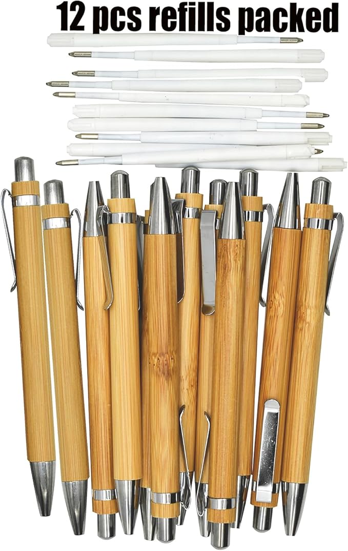 12 Pcs Natural Bamboo Pens Retractable Wood Ballpoint Pens With 12 PCS Refills 1.0mm Black Ink Pens For School Office Home Christmas Party Birthday