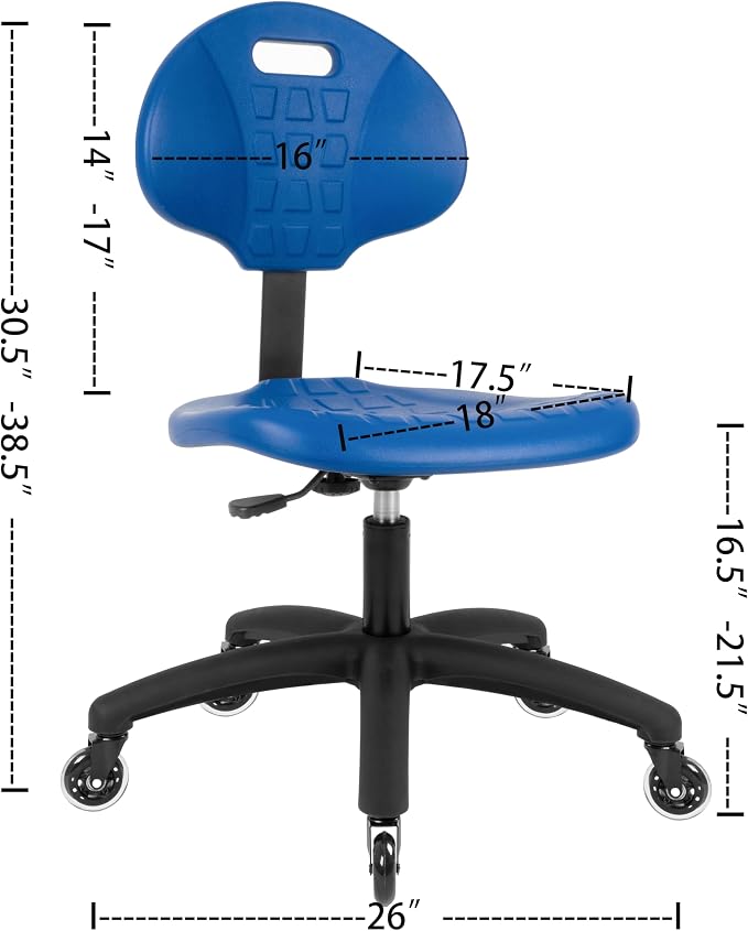 Table Height Chair/Stool-Easy to Clean! Deluxe Ergonomic Polyurethane Chair. 5" of Height Adj (16.5"-21.5") 450 lb Capacity. Automotive, Lab, Garage, Home, Office (Rubber Roller, Blue)