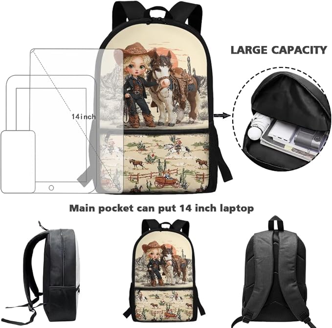 WELLFLYHOM Western Cowgirl Horse Backpack for School Girls 6-8, 4 in 1 Set | Book Bag with Lunch Box Pencil Case Water Bottle Sleeve Elementary Students School Bag Set Kids Back to School Supplies