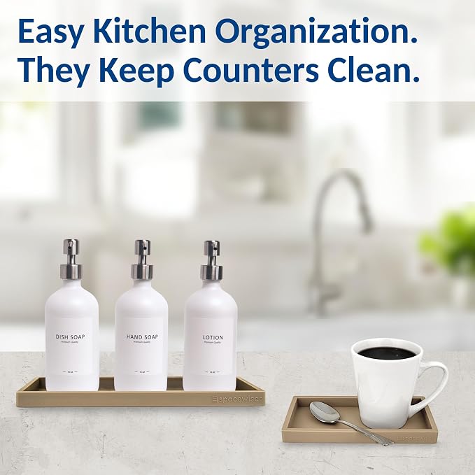 Countertop & Vanity Silicone Tray – 2 PC (11.7" & 7.7") Set | Bathroom Tray & Kitchen Soap Tray Set, Bathroom Counter Tray, Kitchen Sink Dish Soap Tray for Countertop Organization