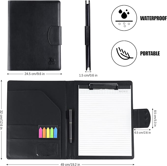 Agoer Padfolio Clipboard Folder, Leather Portfolio Organizer Binder with Magnetic Closure Cover for Interview Resume Office Conference,Business Portfolio Included Letter Sized Paper & Pen & Sticky Tab