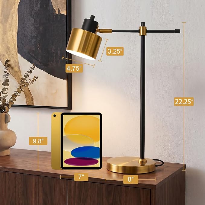 OYEARS 22.2" Modern Desk Lamp, Metal Table Lamp with LED Bulb, Adjustable Reading Lamps for Living Room, Mid Century Task Lamp for Home Office, Industrial Bedside Lamps with Solid Base,Black and Gold