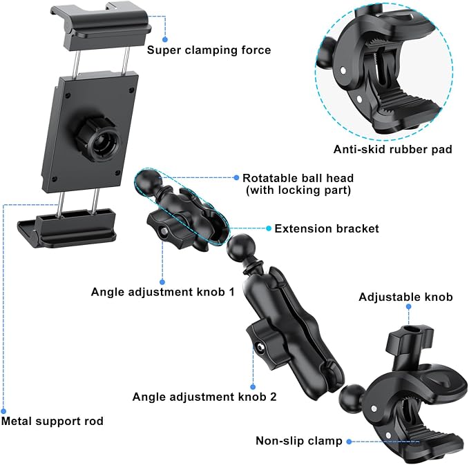 PLDHPRO Tablet Mic Music Holder for iPad Clamp Mount Stand, Microphone Tripod Treadmill Stroller Spin Bike Exercise Handlebar Accessories Compatible iPhone iPad Galaxy Tab 5.5-14.6'' Phones Tablets