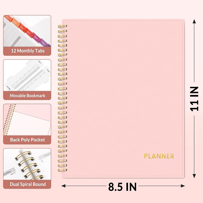 SUNEE Academic Planner 2026-2027 – Weekly & Monthly Planner, July 2026 to June 2027, 8.5"x11", Thick Paper, Tabs, Pockets, Bookmark, Spiral-Bound, Student Teacher Organizer, Pink
