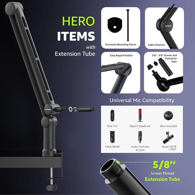 IXTECH Boom Arm Mic Stand with Extension Tube Upgraded Microphone Arm for Shure SM7B MV7 Blue Yeti Sturdy Stainless Steel Mic Arm Desk Stand Foldable Scissor Arm Microphone Mount for Podcast Gaming
