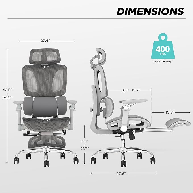 Ergonomic Mesh Office Chair with 3-Zone Dynamic Lumbar Support, Big and Tall Office Chair with Footrest, Adjustable Seat Depth,4D Headrest,6D Armrests, Swivel Executive Chair for Home Office,Grey