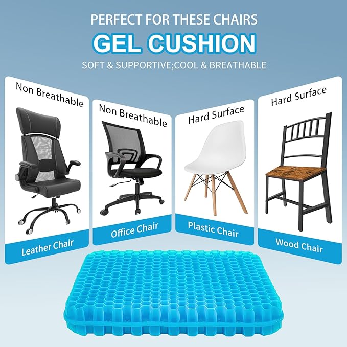 Gel Seat Cushion for Long Sitting - 16.5" x 14.5" x 2.4" (Extra Thick＆Soft) | Gel Cushion for People Over 185 lbs, Pressure Relief Cushion for Office Chair, Egg Cushions for Wheelchair, Gel Pad for Car