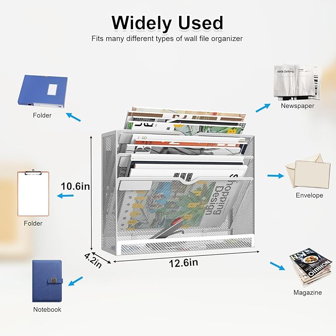 4 Tier Magnetic File Holder, Large Capacity Mesh Hanging Wall Organizer Vertical Magnetic Hanging File Organizer, Magnetic File Folder Holder for File Cabinets, Office, Whiteboard (White)