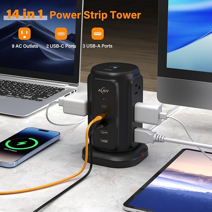 AiJoy Flat Plug Power Strip Tower with 9 AC Outlets and 5 USB Ports | USB Charging Station with 1200J Protection, 6 Feet Extension Cord, Office Desk Accessories for Men, Dorm Essentials for Guys