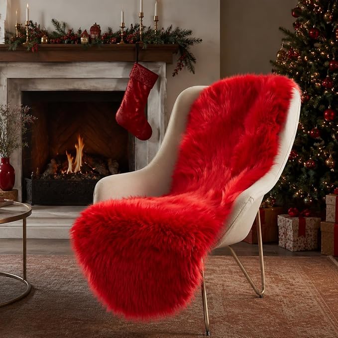EasyJoy Ultra Soft Faux Fur Rug Fluffy Sheepskin Rug for Bedroom Living Room Sofa Bedside Floor(2 x 6 ft Sheepskin, Red)