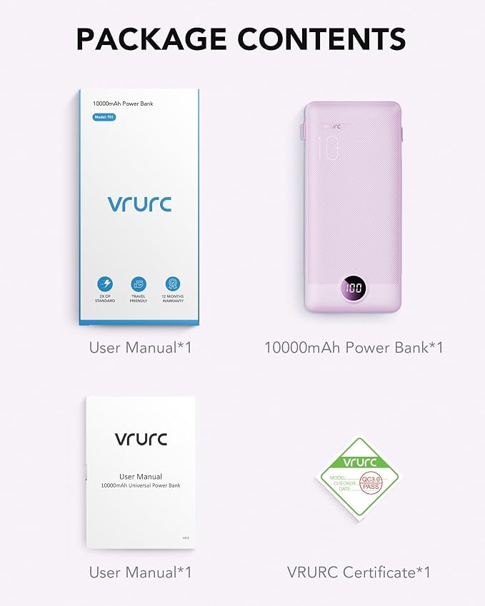 VRURC Portable Charger Built-in Cables and AC Wall Plug,Power Bank 10000mAh | Travel Essentials Phone Charger Compact Lightweight External Battery Pack for Smart Phones, Tablets etc (Purple)