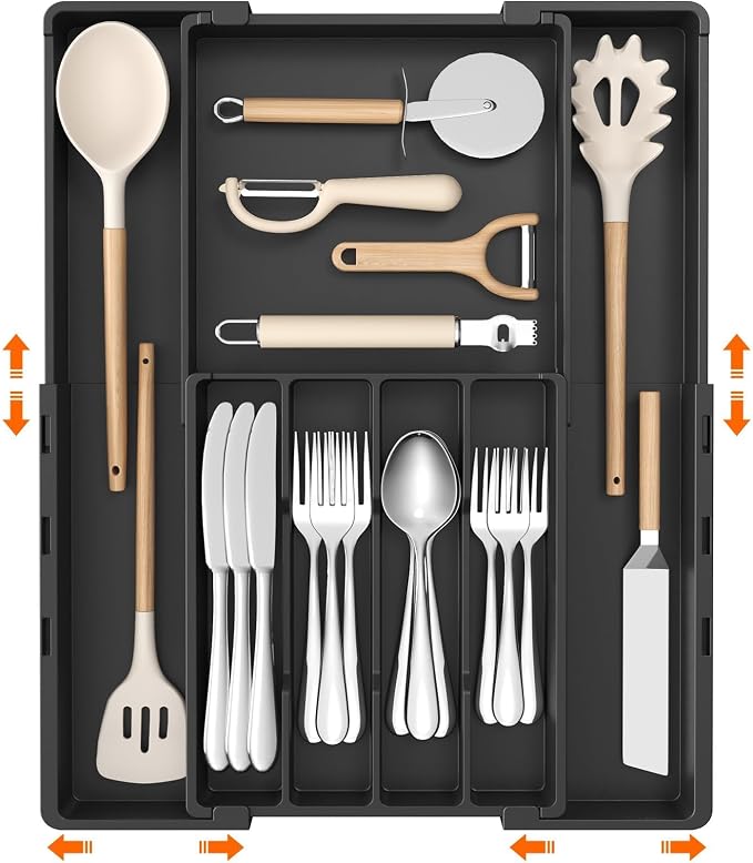 Lifewit Silverware Drawer Organizer, Expandable Utensil Tray for Kitchen, BPA Free Flatware and Cutlery Holder, Adjustable Plastic Storage for Spoons Forks Knives, 4-7 Slots, Black