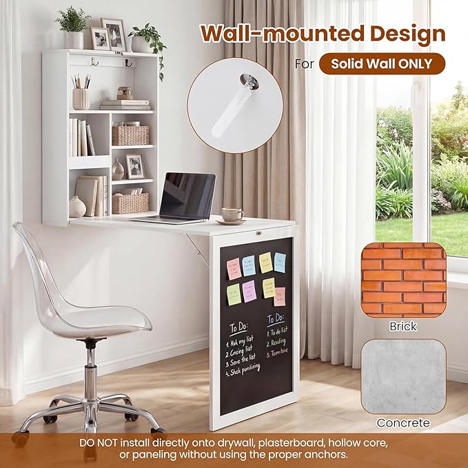 Giantex Foldable Wall Mounted Desk, Convertible Writing Desk with Storage Shelves, Hooks & Chalkboard, Space-Saving Fold-Up Table, Corner Floating Laptop Table for Small Spaces, Home Office, White