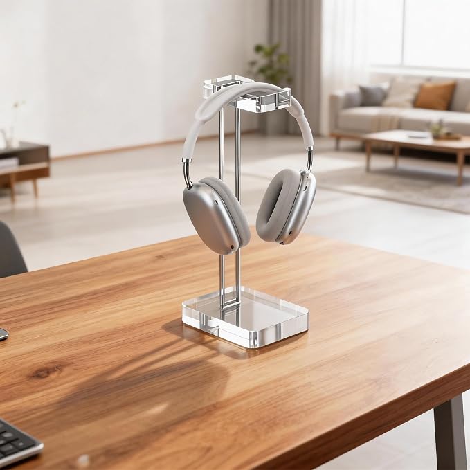 Headphone Stand Headset Holder for Desk, Solid Christal-Clear Acrylic with Silver Hardware Earphone Hanger for Gaming Room Office Accessories