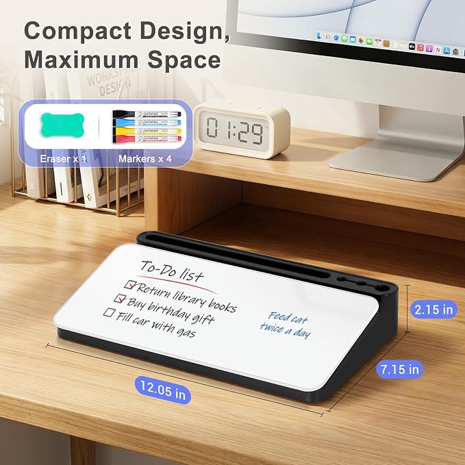 WALGLASS Small Desktop Whiteboard with Storage, Glass Desk Dry Erase White Board Computer Keyboard Stand with Drawer, Desk Organizers with Accessories for Office, Home, School Supplies Black White