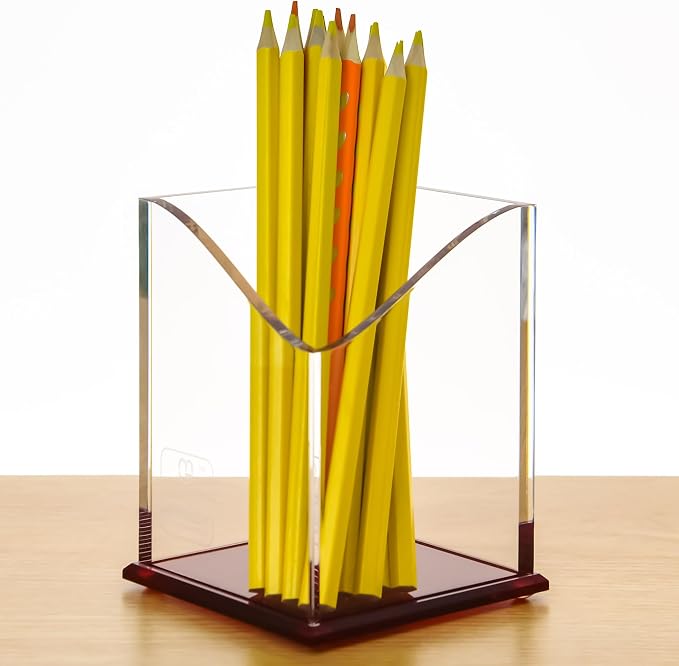 Red Acrylic Pencil Pen Holder Cup, Desk Accessories Holder,Makeup Brush Storage Organizer, Modern Design Desktop Stationery Organizer for Office School Home Supplies, 3.1x 3.1x 4.3 inch